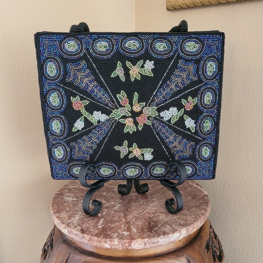 Black Comeco Beaded Floral Handbag
